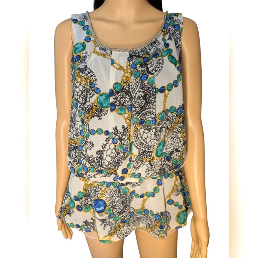 Sunny Leigh Sleeveless Blouse White With Intricate Design In Green, Gold & Blue
